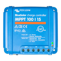 Front view of Victron BlueSolar MPPT 100/15 solar charge controller with LED indicators