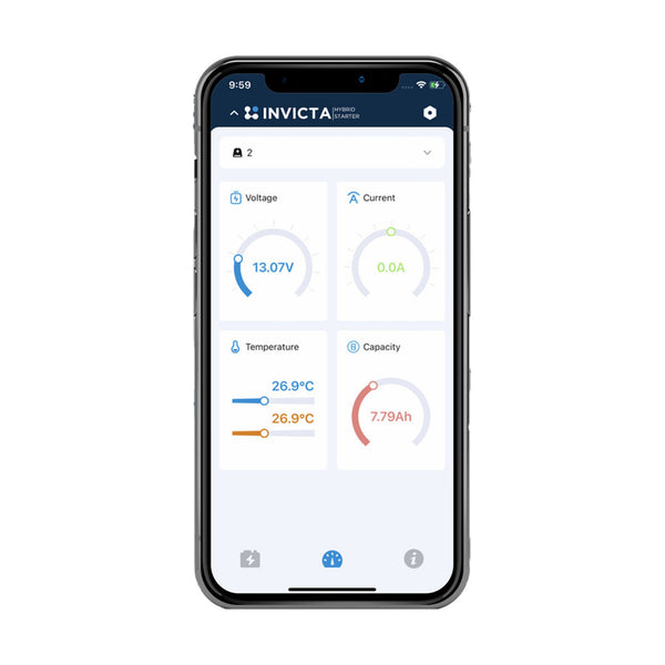 Smartphone app interface displaying real-time battery status including voltage, current and temperature