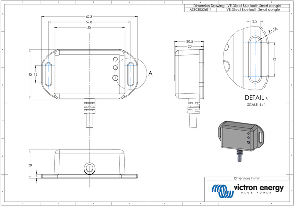 Technical dimensional drawing of the VE Direct Bluetooth Smart Dongle showing metric measurements