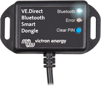 Close-up of the VE Direct Bluetooth dongle status LEDs and Clear PIN reset button