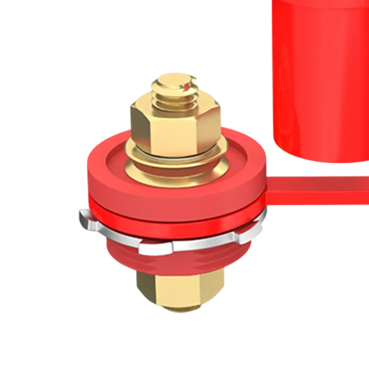 Close-up of brass M10 terminal stud and serrated locking washer on red insulated base