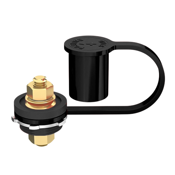 Exotronic bulkhead battery post with exposed M10 stud and black cap labeled positive