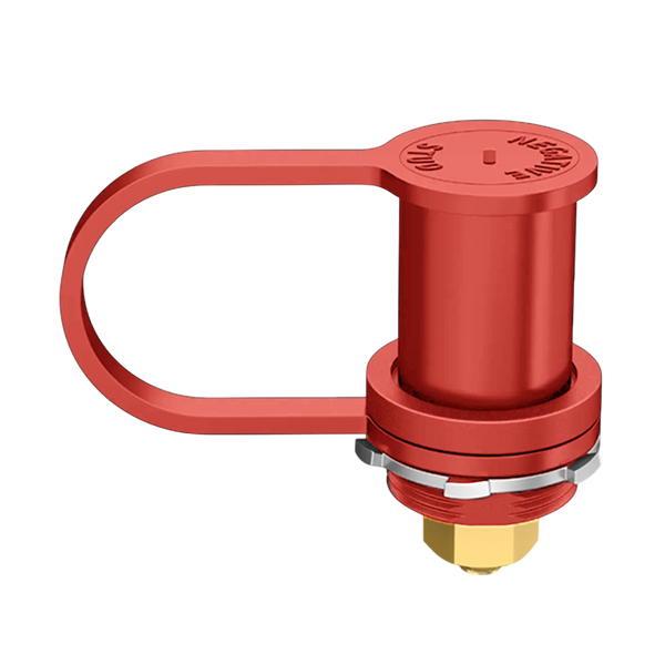 Red bulkhead battery post with protective boot closed covering the terminal
