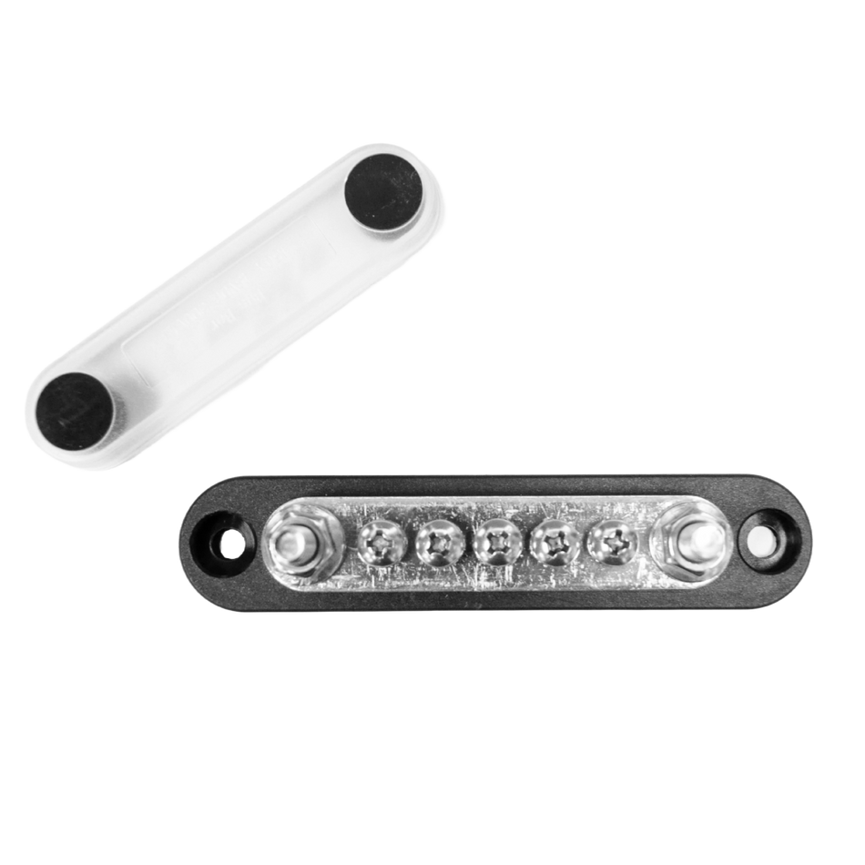 Top-down view of black 150A busbar with clear protective cover removed showing terminals