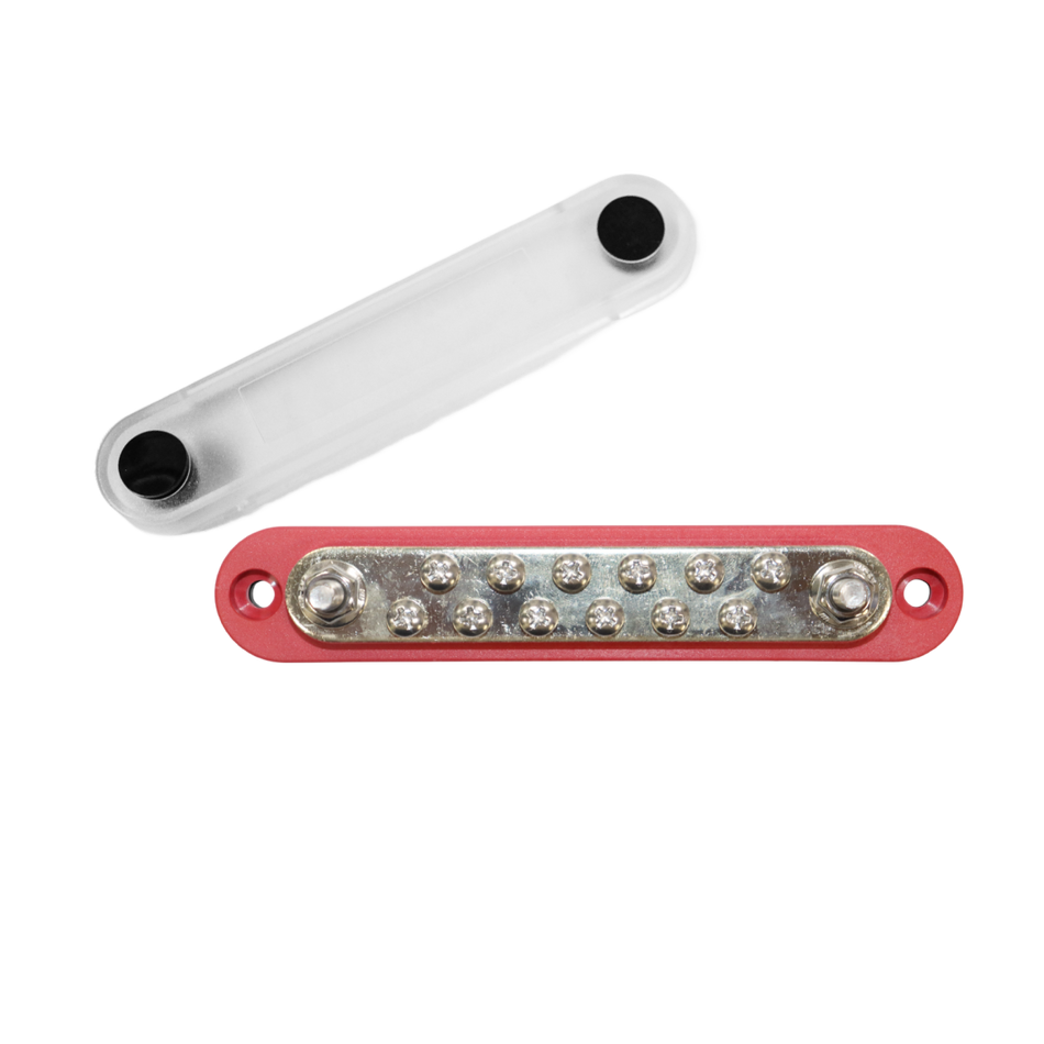 Red 150A busbar and clear cover showing 12 screw terminals and 2 studs