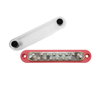 Red 150A busbar and clear cover showing 12 screw terminals and 2 studs