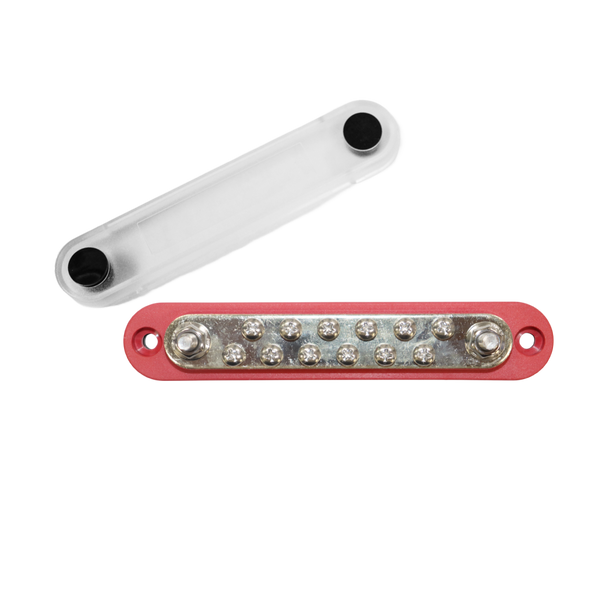 Red 150A busbar and clear cover showing 12 screw terminals and 2 studs