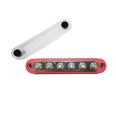 Red 150A busbar displayed with its transparent protective cover removed