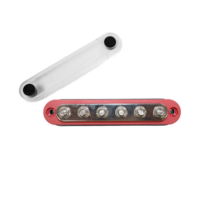 Red 150A busbar displayed with its transparent protective cover removed