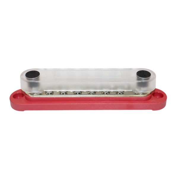 Red 150A busbar with clear polycarbonate cover installed for circuit protection