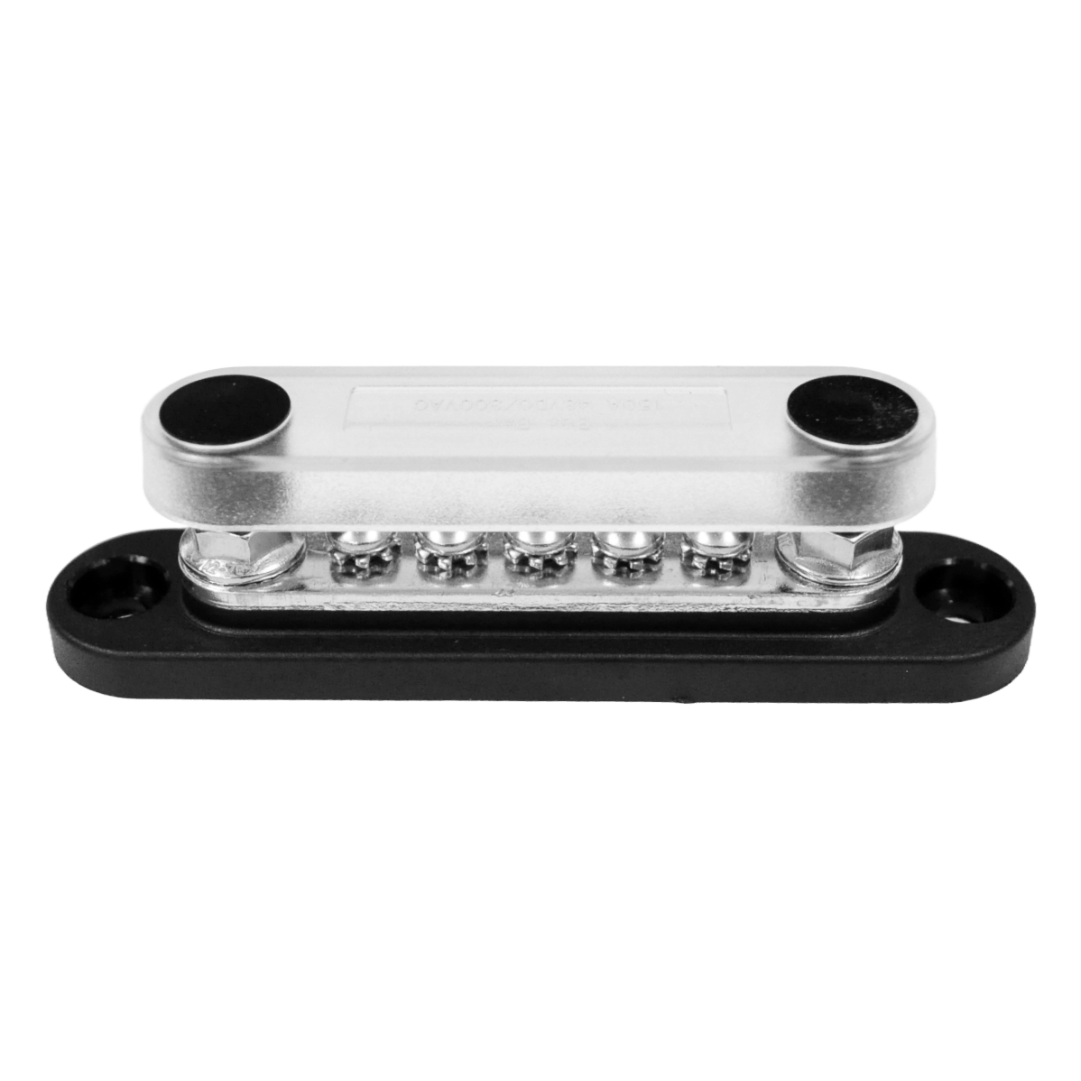Angled view of busbar with clear polycarbonate cover installed over terminals