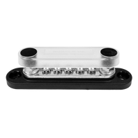 Angled view of busbar with clear polycarbonate cover installed over terminals