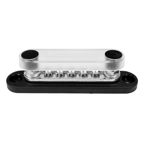 Angled view of busbar with clear polycarbonate cover installed over terminals