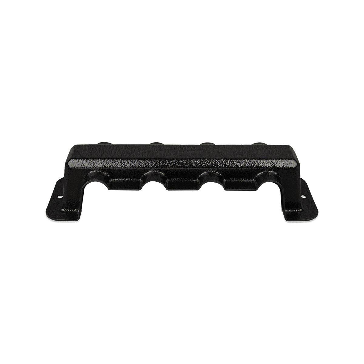 Angled side view of the black protective busbar cover with cable entry cutouts