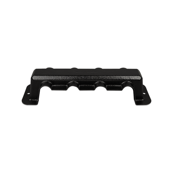 Angled side view of the black protective busbar cover with cable entry cutouts