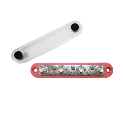 Red busbar with four studs and six screws, shown with its clear protective cover removed