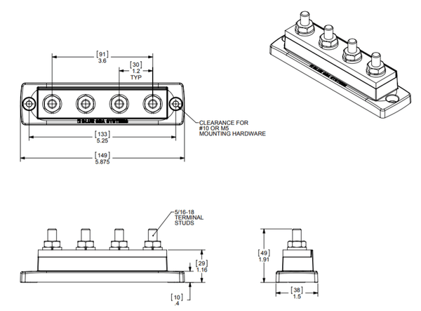 Dimensional schematic of 4-stud busbar showing length, width and mounting clearances in mm and inches