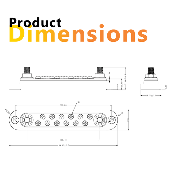 Dimensional drawing of 150A busbar with 133mm mounting centers