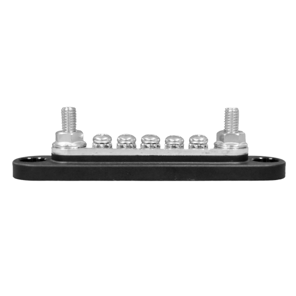 Side profile of busbar showing threaded studs and black insulated base