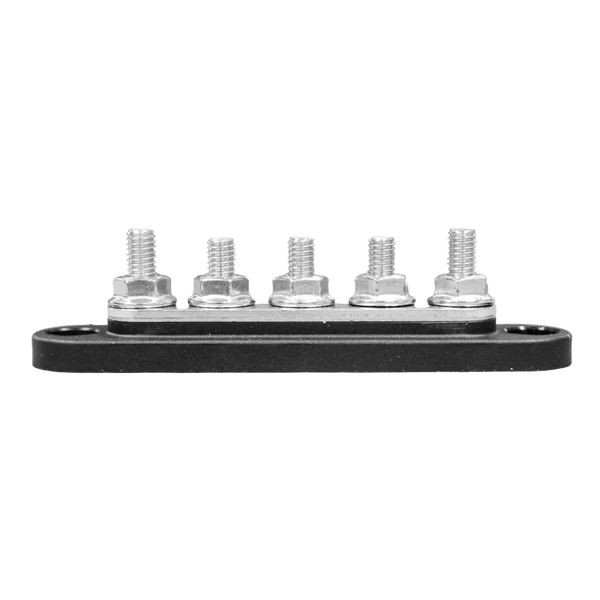 Side profile of busbar showing height of threaded M6 studs and black insulated base