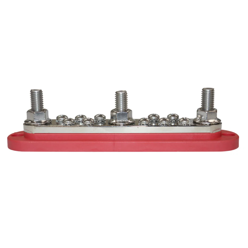 Side profile of red busbar displaying the height of the stainless steel M10 studs