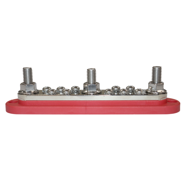 Side profile of red busbar displaying the height of the stainless steel M10 studs
