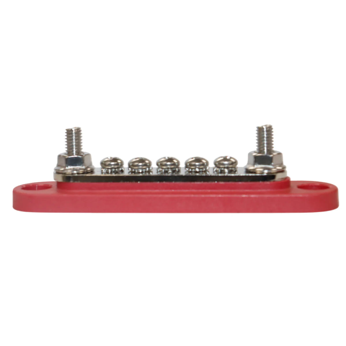 Side profile of red busbar showing height difference between M6 studs and screw terminals