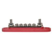 Side profile of red busbar showing height difference between M6 studs and screw terminals