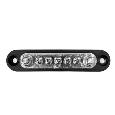 Direct overhead view of 5-screw busbar with two terminal studs and mounting holes