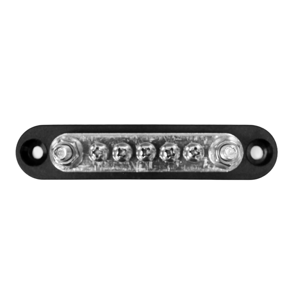 Direct overhead view of 5-screw busbar with two terminal studs and mounting holes