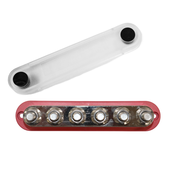 Top-down view of red busbar with cover removed to show six M10 studs and mounting holes