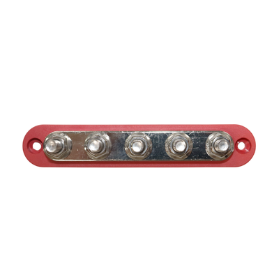 Top-down view of red 5 stud busbar showing terminal layout and mounting holes
