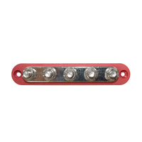 Top-down view of red 5 stud busbar showing terminal layout and mounting holes