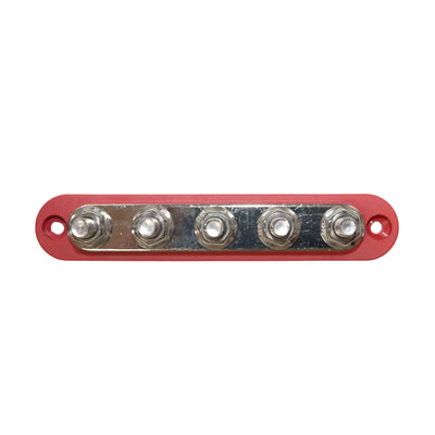 Top-down view of red 5 stud busbar showing terminal layout and mounting holes