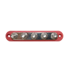 Top-down view of red 5 stud busbar showing terminal layout and mounting holes