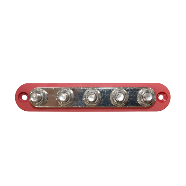 Top-down view of red 5 stud busbar showing terminal layout and mounting holes