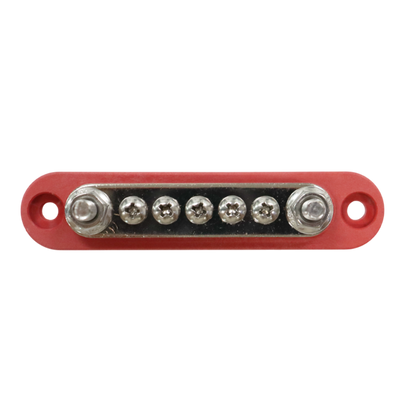 Top-down view of red busbar terminals featuring two M6 studs and five screw terminals