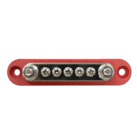 Top-down view of red busbar terminals featuring two M6 studs and five screw terminals