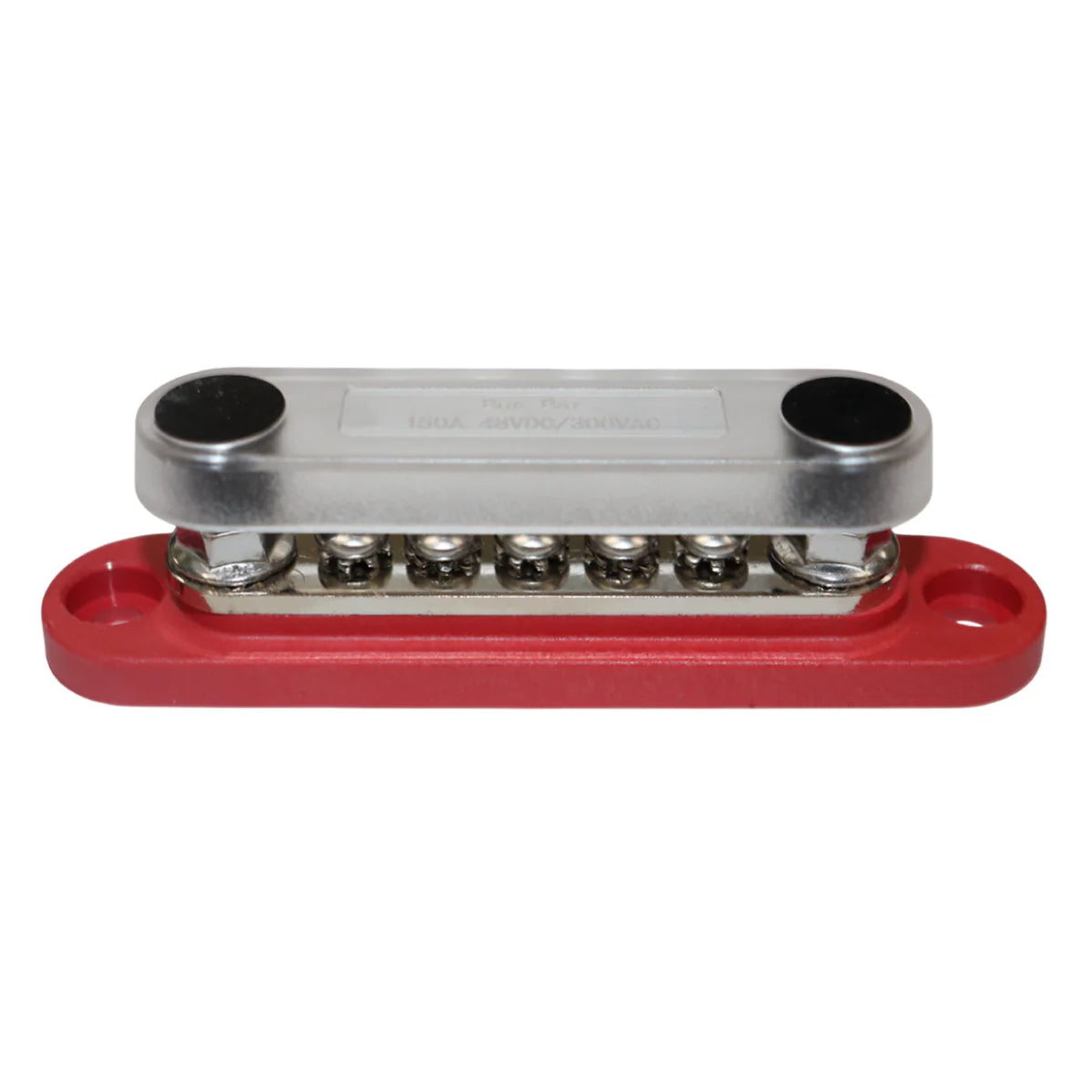 Red 150A busbar with transparent safety cover installed over terminals