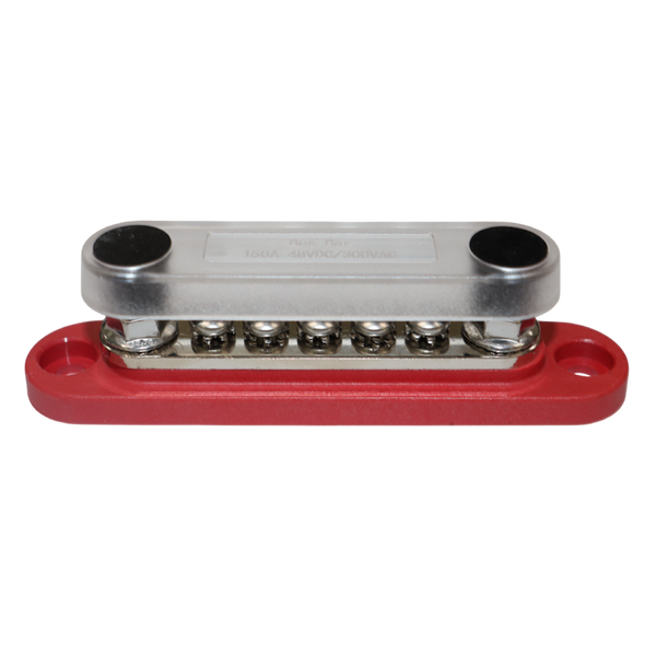 Red 150A busbar with transparent safety cover installed over terminals