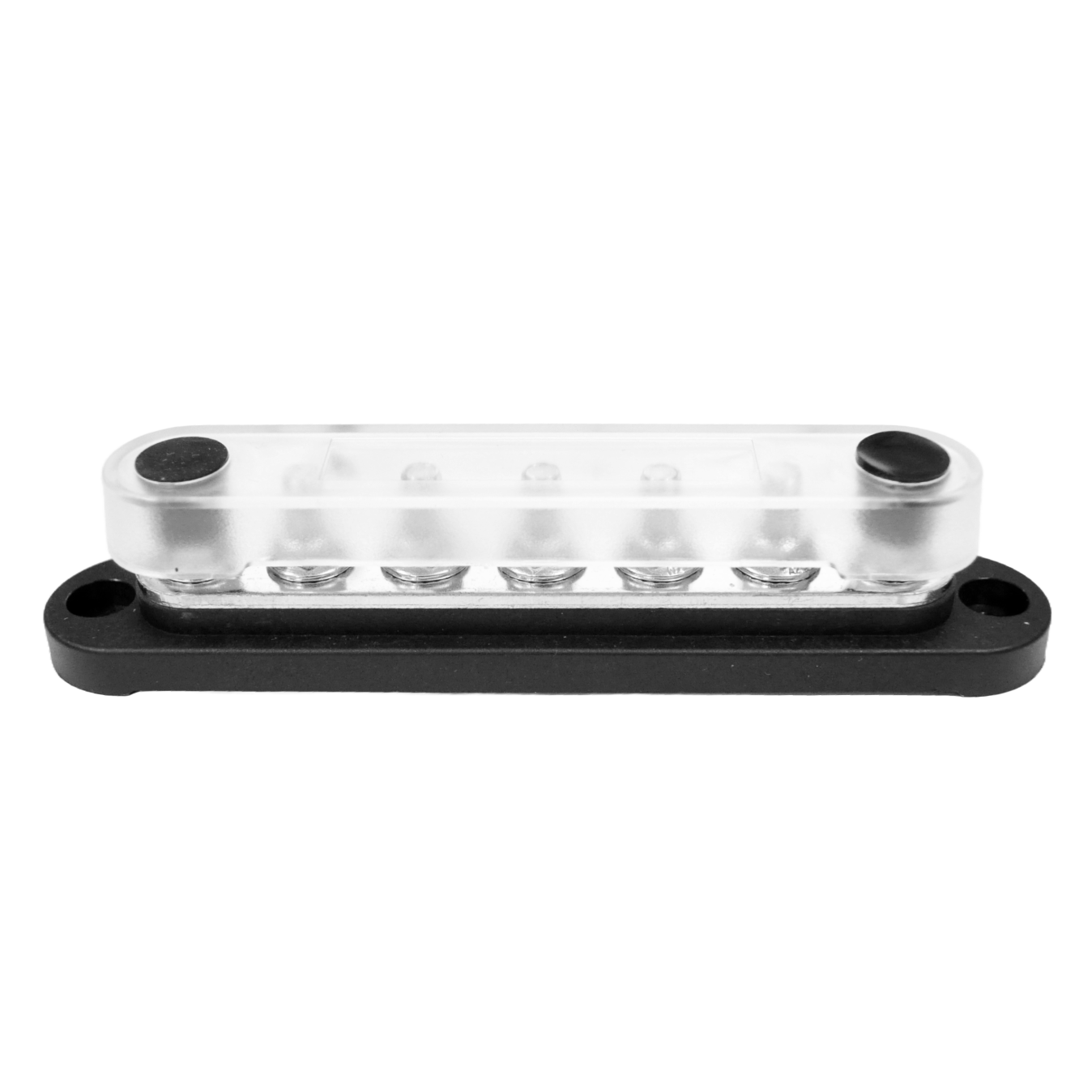 Side view of 7-stud busbar with clear polycarbonate cover installed