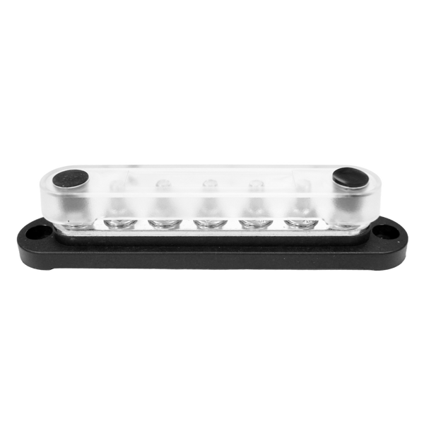 Side view of 7-stud busbar with clear polycarbonate cover installed