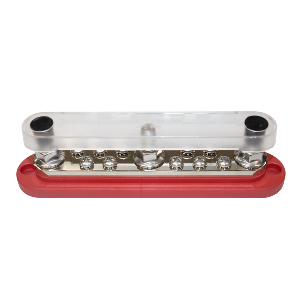 Red 300A busbar with the clear polycarbonate protective cover snapped into place