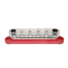 Angled view of red busbar with transparent safety cover installed over studs