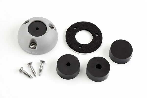 Exploded view of cable seal components including grey shell, base gasket, screws and bungs