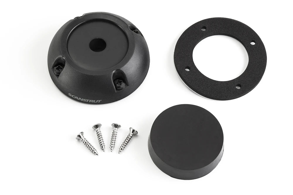 Components of the black cable seal including housing, mounting screws, gasket and rubber bung