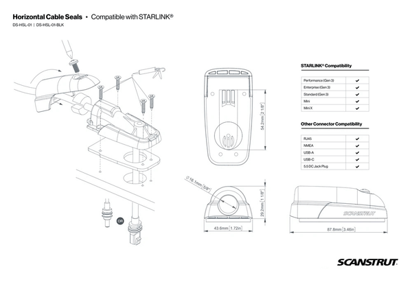 Dimensional drawing and compatibility chart for various electronics cables