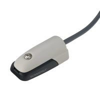 Angled view of horizontal cable seal with a long grey cable attached