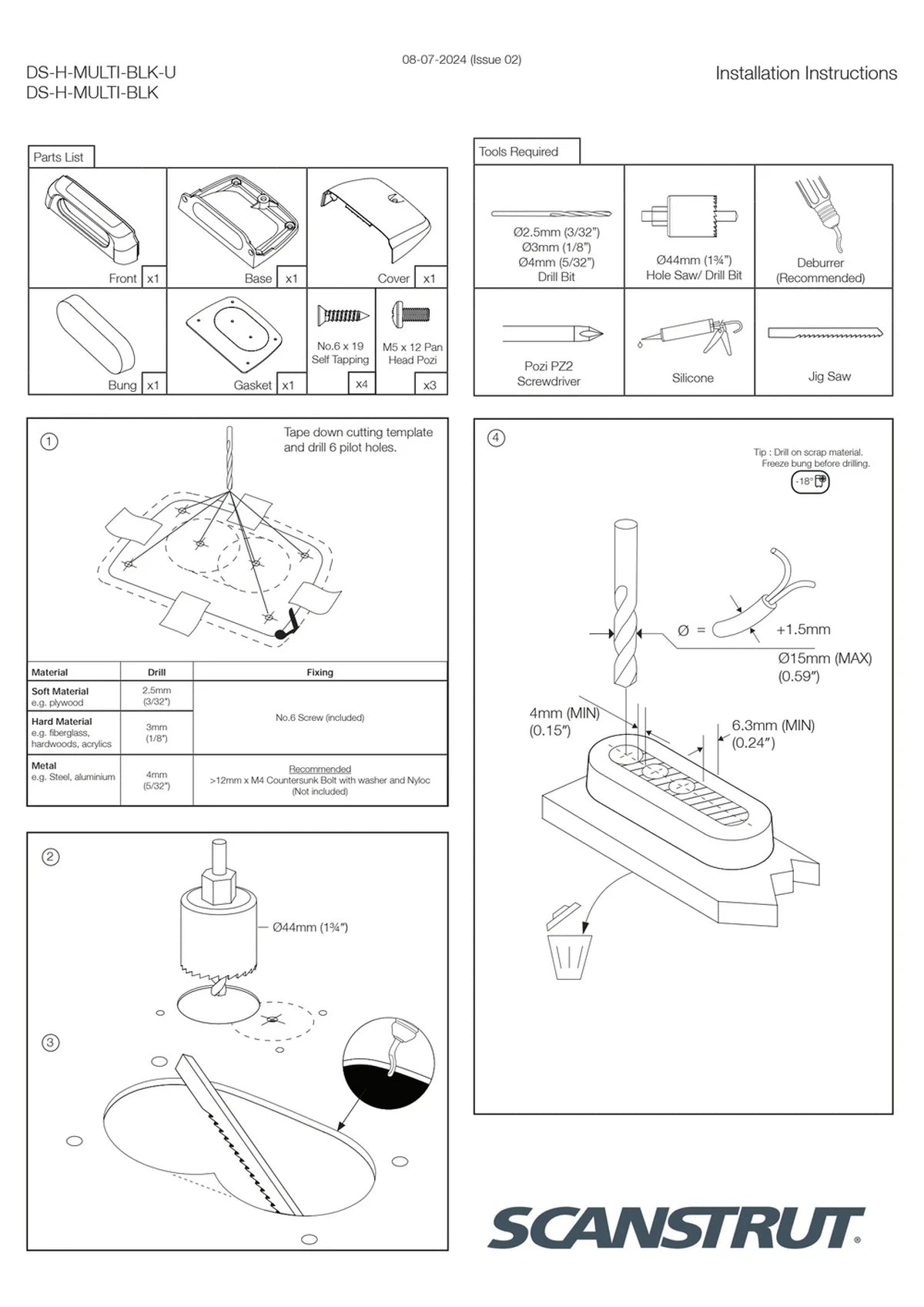 Parts list and tool requirements for the multi cable seal installation