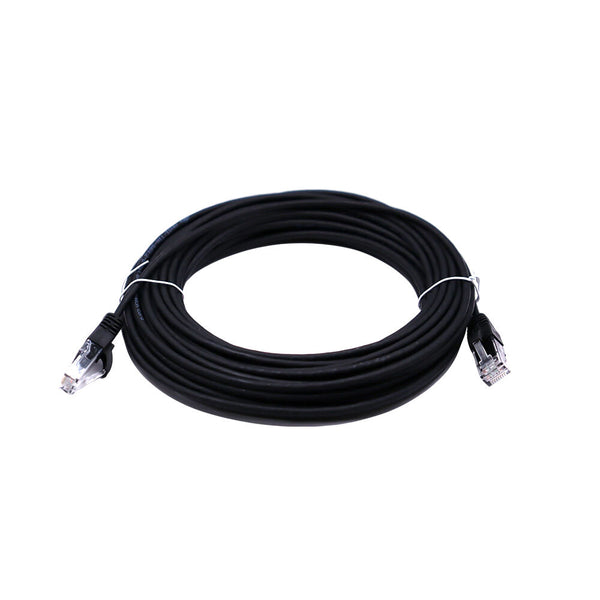 Side view of coiled black Cat6 ethernet cable bundle secured with white twist ties